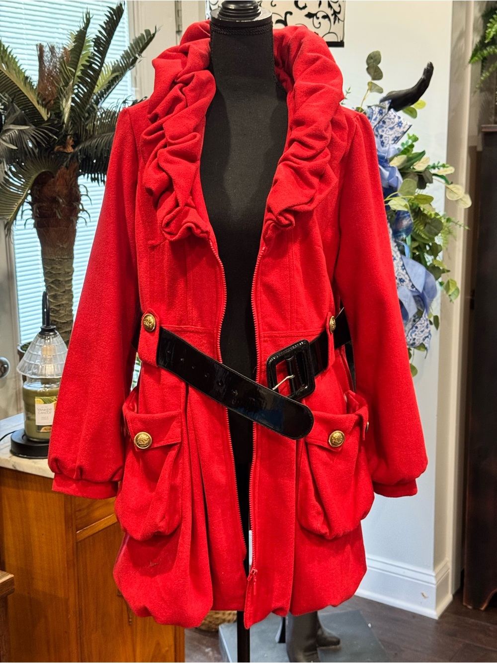 Yoki Red Ruffle Collar Pea Coat with Black Patent Belt Rayon and Wool material - Picture 8 of 11